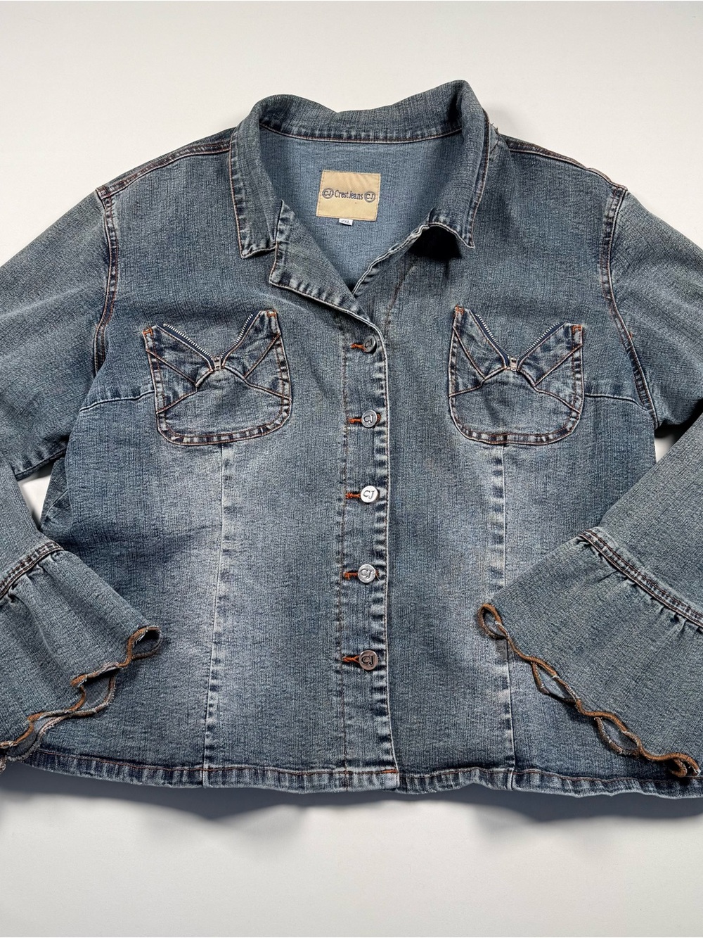 Vintage Crest Jeans Denim Jacket Ruffled Sleeves Size XXL